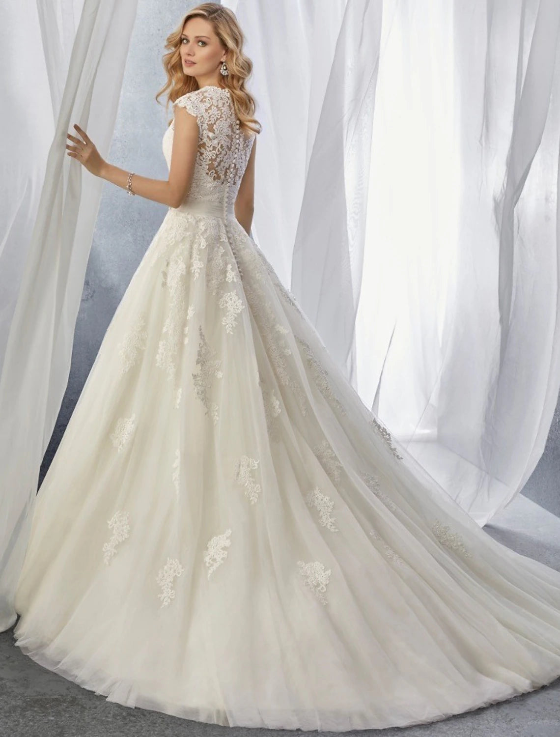 Engagement Formal Wedding Dresses Ball Gown Sweetheart Cap Sleeve Court Train Lace Bridal Gowns With Appliques
