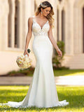 Engagement Open Back Sexy Formal Wedding Dresses Court Train Mermaid / Trumpet Sleeveless V Neck Crepe With Appliques