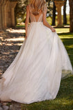 A Line Boho V Neck Appliques Wedding Dress with Slit