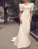 Hall Casual Wedding Dresses Mermaid / Trumpet Scoop Neck Short Sleeve Court Train Satin Bridal Gowns With Solid Color