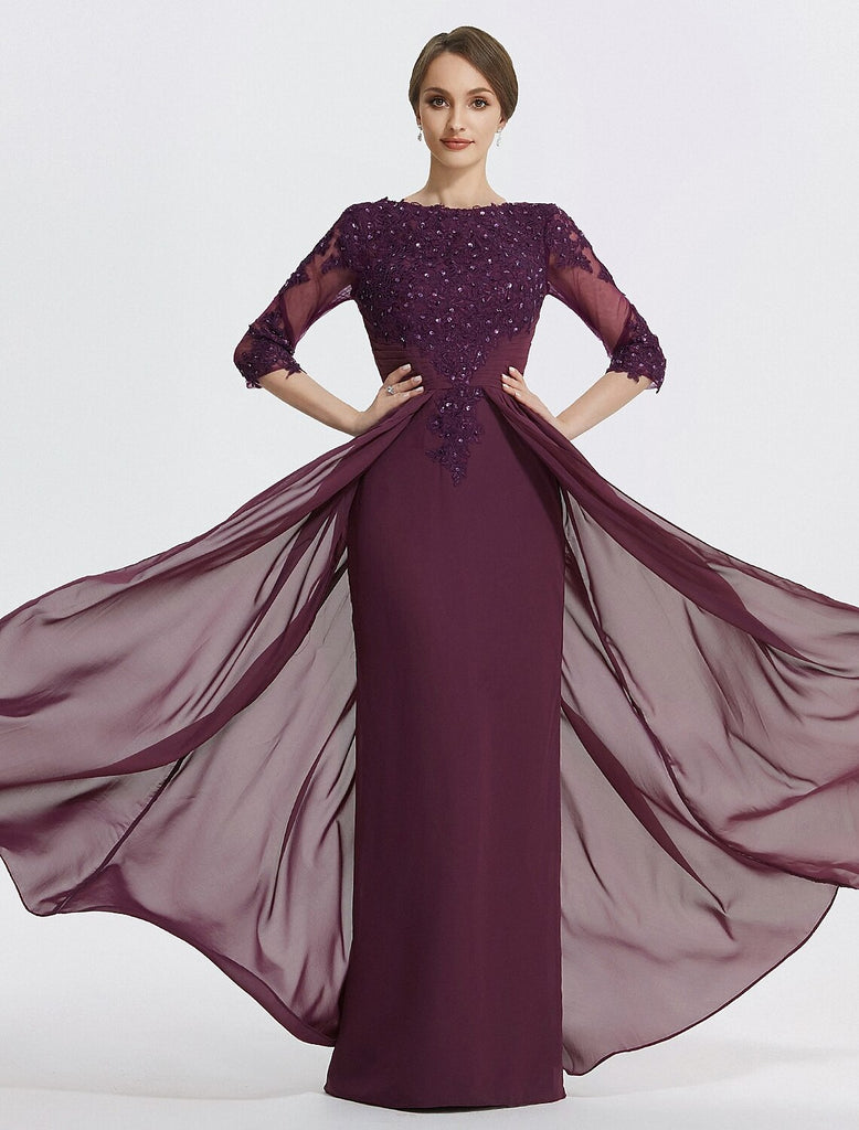 A-Line Mother of the Bride Dress Formal Wedding Guest Party Elegant V Neck Floor Length Lace Chiffon 3/4 Length Sleeve with Appliques And Split main image 1