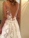 Beach Boho Wedding Dresses A-Line V Neck Sleeveless Sweep / Brush Train Lace Bridal Gowns With Appliques Summer Fall Wedding Party