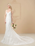 Wedding Dresses Mermaid / Trumpet Sweetheart Spaghetti Strap Chapel Train Satin Bridal Gowns With Buttons Appliques