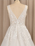 Beach Wedding Dresses A-Line V Neck Sleeveless Sweep / Brush Train Lace Bridal Gowns With Appliques