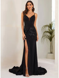 Mermaid / Trumpet Evening Gown Sexy Dress Formal Court Train Sleeveless Spaghetti Strap Stretch Fabric with Crystals Slit