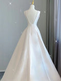 Hall Casual Wedding Dresses Court Train A-Line Sleeveless V Neck Satin With Bow(s) Pleats 2023 Bridal