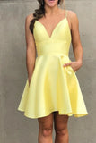 Spaghetti Straps V Neck Satin Mini Prom Homecoming Dress