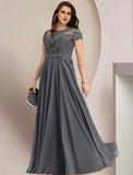 Mother of the Bride Dresses Plus Size Curve Hide Belly Wedding Guest Party Elegant Jewel Neck Floor Length Chiffon Lace Short Sleeve with Pleats Sequin