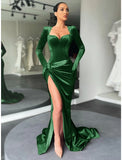 A-Line Evening Gown Red Green Dress Vintage Dress Formal Fall Court Train Long Sleeve Sweetheart Velvet with Ruched Slit