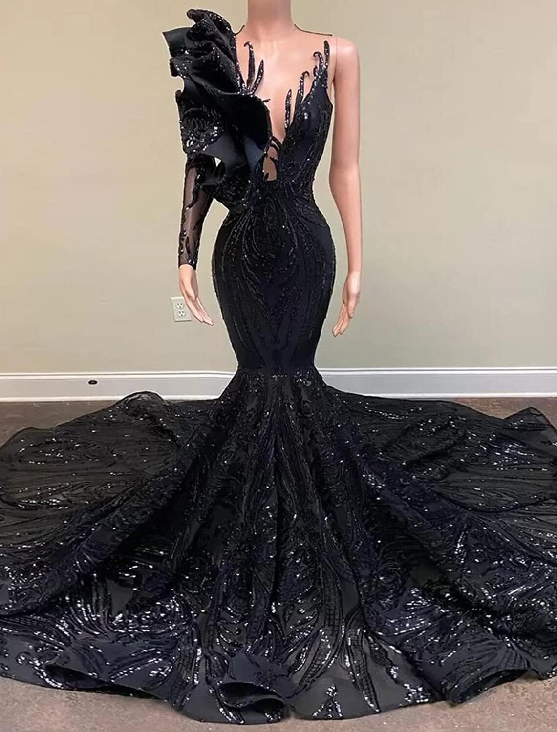 Mermaid Party Dress Evening Gown Sparkle & Shine Dress Engagement Formal Evening Court Train Long Sleeve One Shoulder Sequined with Sequin