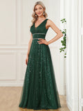 A-Line Prom Dresses Elegant Dress Party Wear Floor Length Sleeveless V Neck Sequined V Back with Sequin