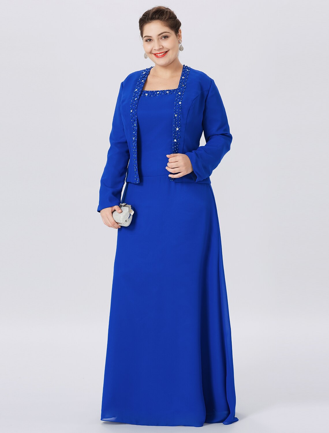 A-Line Mother of the Bride Dress Formal Classic & Timeless Elegant & Luxurious Plus Size Straps Floor Length Chiffon Lace Long Sleeve Wrap Included with Pearls Crystals