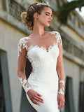 Engagement Open Back Formal Wedding Dresses Court Train Mermaid / Trumpet Long Sleeve Illusion Neck Crepe With Appliques