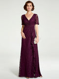 Sheath / Column Mother of the Bride Dress V Neck Floor Length Lace Short Sleeve with Lace Beading