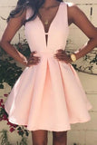 A-line Simple Satin V neck Homecoming Dress Short Prom Dresses