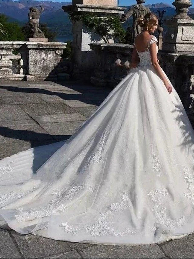 Engagement Open Back Sexy Formal Wedding Dresses Chapel Train Ball Gown Cap Sleeve Illusion Neck Lace With Appliques