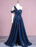 A-Line Evening Gown Elegant Dress Formal Floor Length Sleeveless One Shoulder Sequined with Glitter Slit Appliques