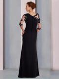 Sheath / Column Mother of the Bride Dress Formal Elegant Jewel Neck Floor Length Chiffon Lace 3/4 Length Sleeve with Beading Appliques