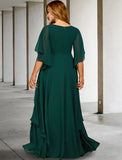 A-Line Mother of the Bride Dresses Plus Size Hide Belly Curve Elegant Dress Formal Sweep / Brush Train Half Sleeve V Neck Chiffon with Ruffles Strappy