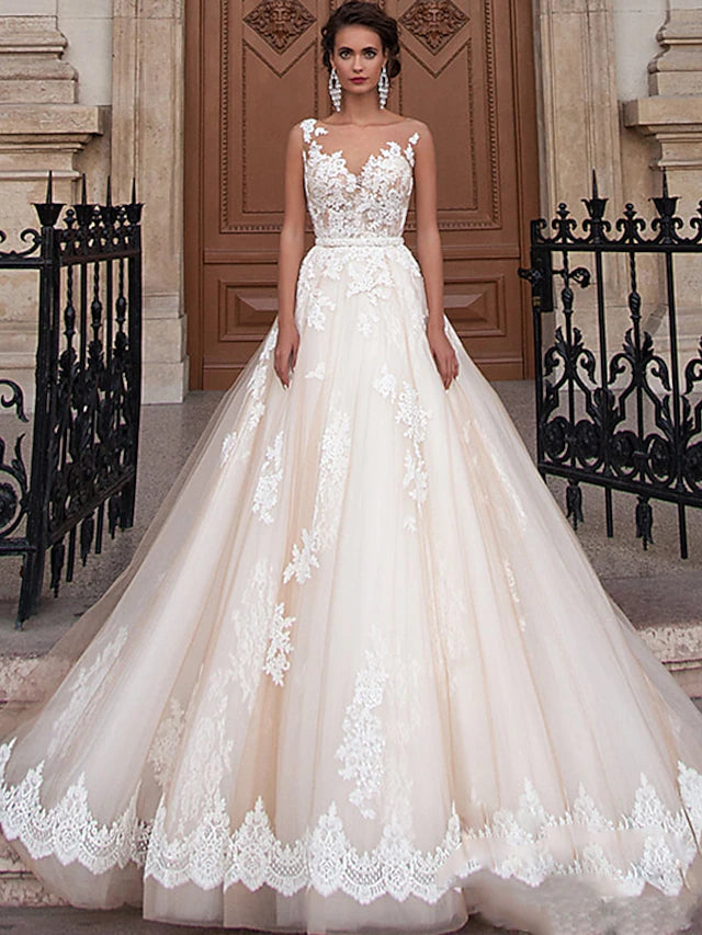 Engagement Open Back Formal Wedding Dresses Court Train Ball Gown Sleeveless Illusion Neck Satin With Appliques