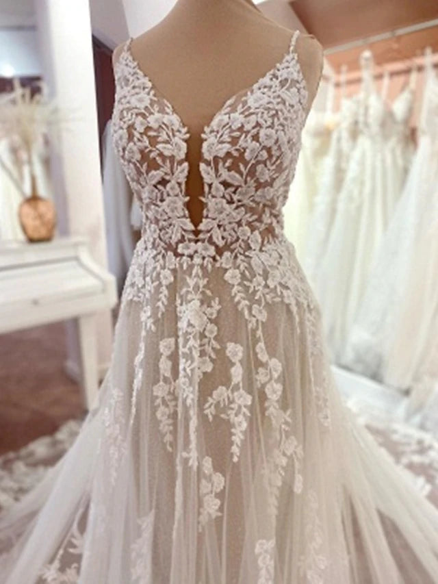 Engagement Open Back Formal Wedding Dresses Chapel Train A-Line Spaghetti Strap V Neck Lace With Appliques