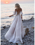 Beach Open Back Boho Wedding Dresses A-Line Off Shoulder Camisole Spaghetti Strap Sweep / Brush Train Lace Bridal Gowns With Lace
