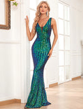 Mermaid / Trumpet Evening Gown Backless Dress Evening Party Floor Length Sleeveless V Neck Sequined Ladder Back with Glitter Sequin