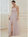 A-Line Evening Gown Elegant Dress Wedding Guest Floor Length Sleeveless Off Shoulder Tulle with Pure Color Tiered
