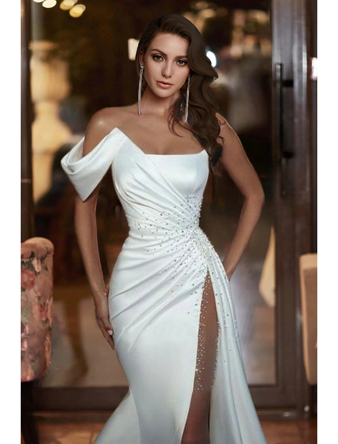 Formal Wedding Dresses Mermaid / Trumpet Off Shoulder Sleeveless Court Train Satin Bridal Gowns With Beading