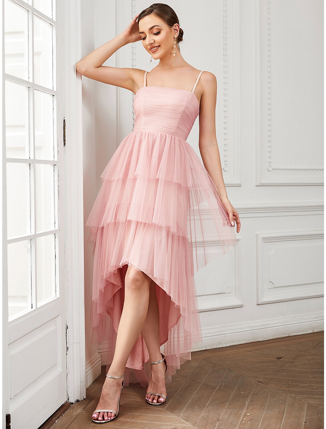 A-Line Party Dresses Vintage Dress Prom Knee Length Sleeveless Spaghetti Strap Tulle with Ruched