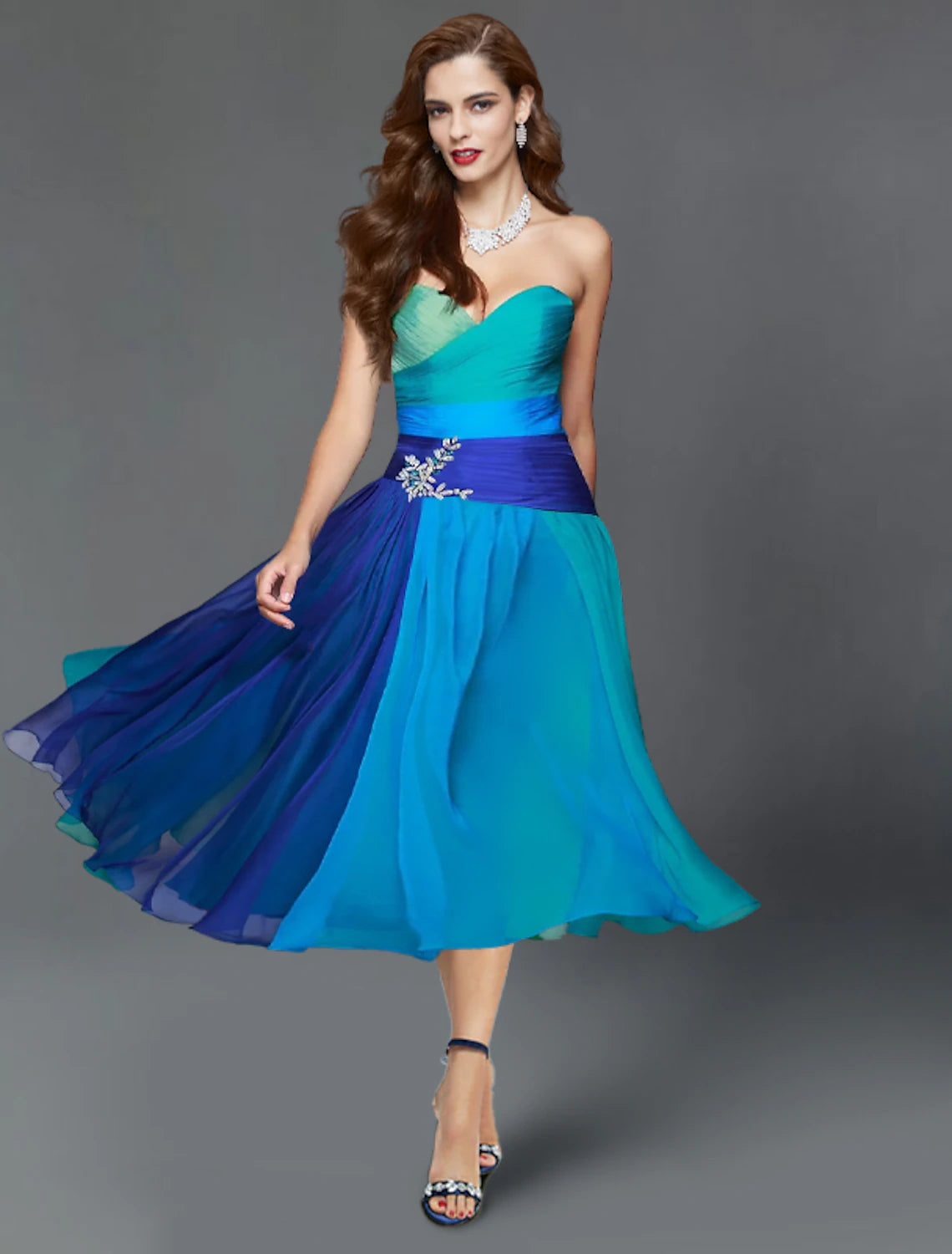 A-Line Wedding Guest Dresses Color Block Dress Summer Tea Length Short Sleeve Strapless Chiffon with Ruched