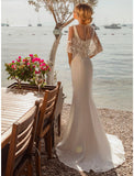 Beach Open Back Casual Wedding Dresses Sweep / Brush Train Mermaid / Trumpet Sleeveless Square Neck Satin With Buttons Beading