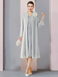 Two Piece Sheath / Column Mother of the Bride Dress Formal Wedding Guest Vintage Elegant Scoop Neck Tea Length Chiffon Lace 3/4 Length Sleeve Jacket Dresses with Flower