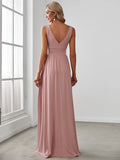 A-Line Prom Dresses High Split Dress Wedding Guest Floor Length Sleeveless V Neck Chiffon V Back with Slit Pure Color