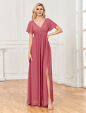 A-Line Evening Gown Empire Dress Party Wear Floor Length Short Sleeve V Neck Chiffon V Back with Slit