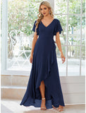 A-Line Wedding Guest Dresses Casual Dress Party Wear Asymmetrical Short Sleeve V Neck Chiffon with Ruffles Pure Color