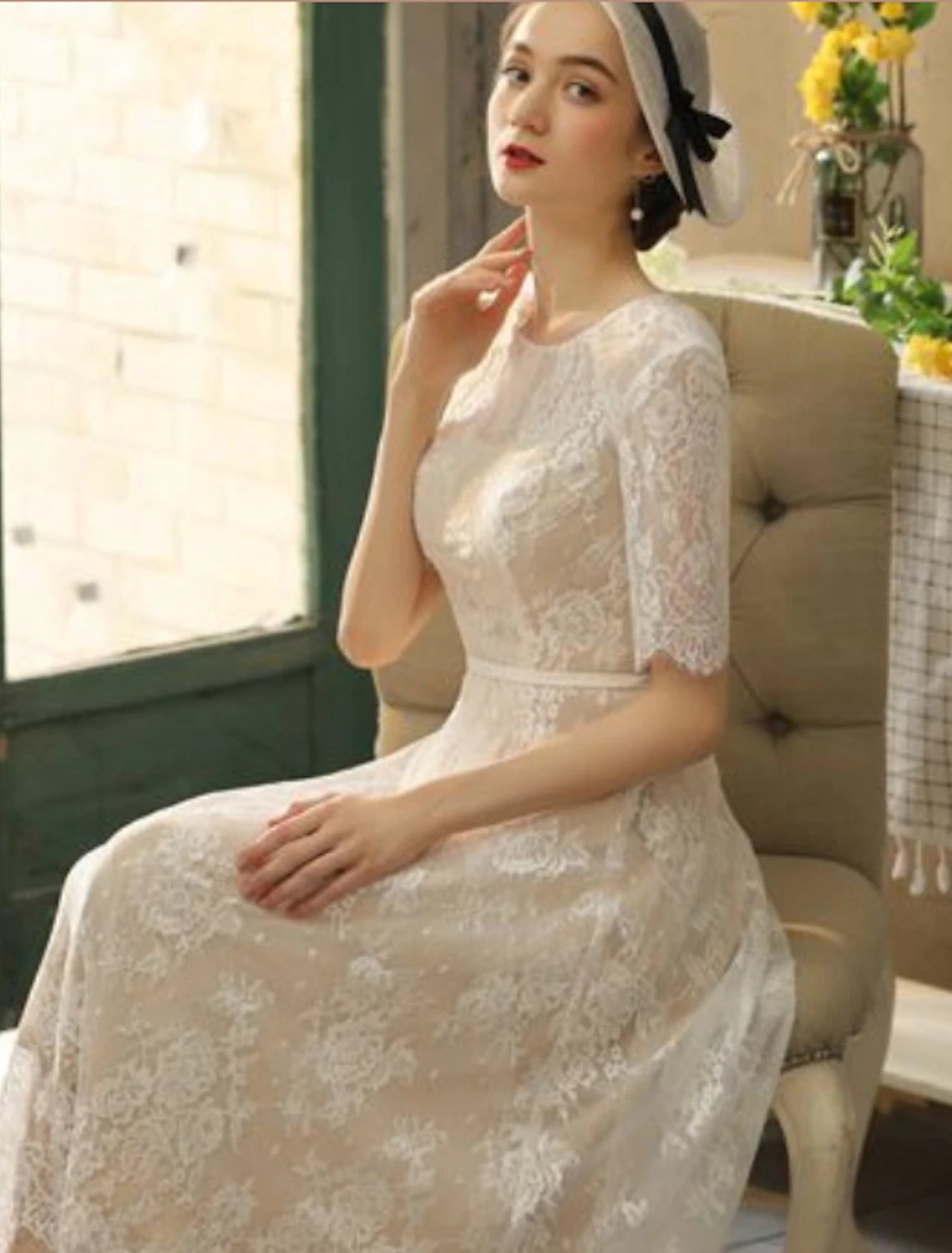 Reception Little White Dresses Wedding Dresses in Color Wedding Dresses A-Line Illusion Neck Half Sleeve Tea Length Lace Bridal Gowns With Sash / Ribbon Appliques