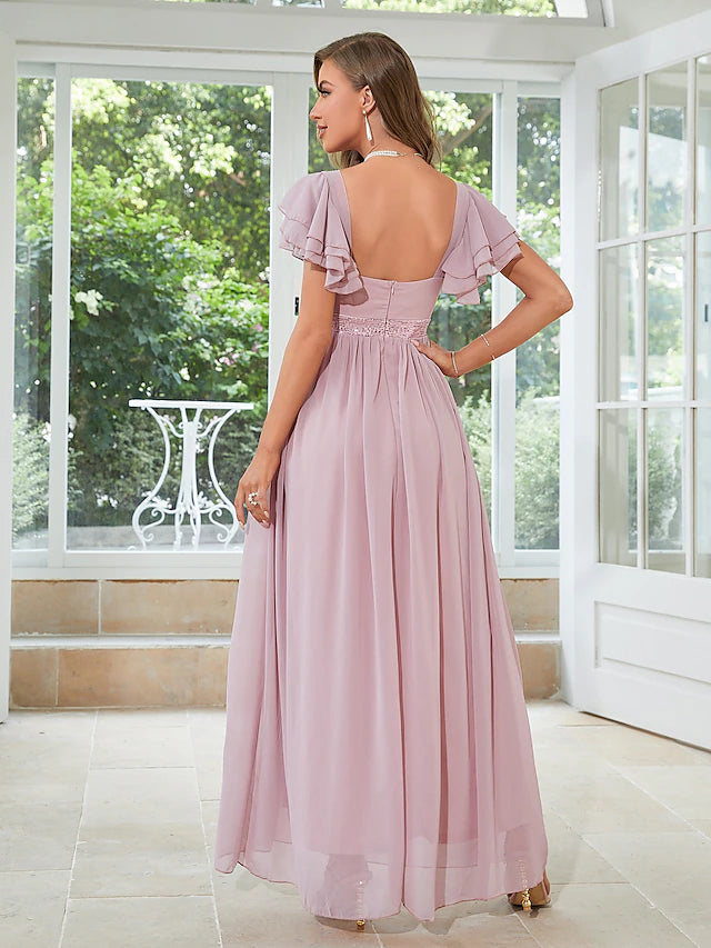 A-Line Wedding Guest Dresses Elegant Dress Party Wear Floor Length Short Sleeve Square Neck Chiffon with Ruffles