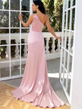 Sheath / Column Evening Gown Sexy Dress Wedding Party Court Train Sleeveless One Shoulder Satin with Pearls Sequin Slit