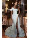 Formal Wedding Dresses Mermaid / Trumpet Off Shoulder Sleeveless Court Train Satin Bridal Gowns With Beading