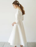 Reception Vintage 1940s / 1950s Little White Dresses Wedding Dresses A-Line Scoop Neck 3/4 Length Sleeve Tea Length Satin Bridal Gowns With Pleats
