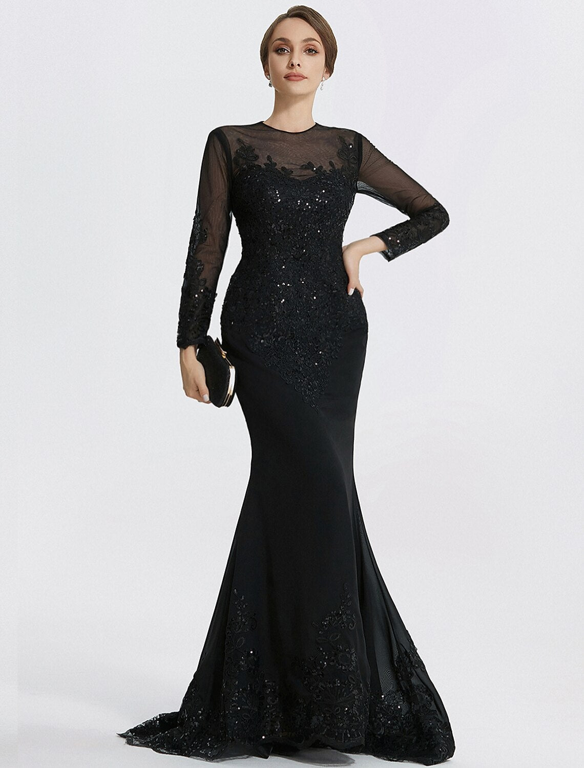 Mermaid / Trumpet Sheath / Column Evening Gown Elegant Dress Formal Floor Length Long Sleeve Jewel Neck Lace with Appliques