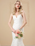 Wedding Dresses Mermaid / Trumpet Sweetheart Spaghetti Strap Chapel Train Satin Bridal Gowns With Buttons Appliques