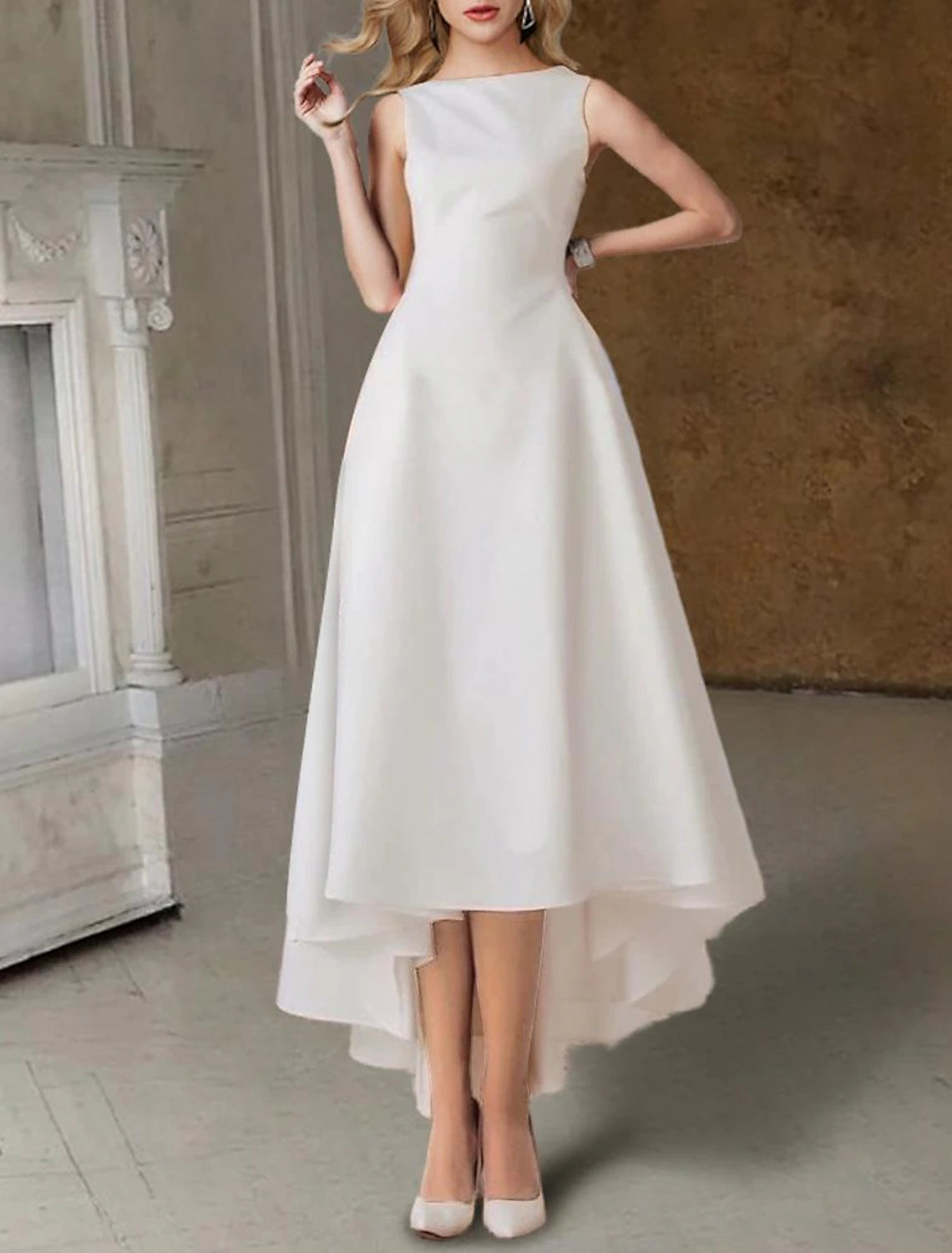 Hall Little White Dresses Wedding Dresses A-Line Scoop Neck Sleeveless Tea Length Satin Bridal Gowns With Pleats Solid Color