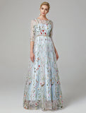 A-Line Evening Gown Floral Dress Holiday Wedding Guest Floor Length 3/4 Length Sleeve Illusion Neck Lace with Embroidery