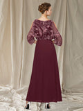 A-Line Mother of the Bride Dress Elegant Jewel Neck Floor Length Chiffon Lace Half Sleeve with Appliques