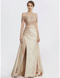 Sheath / Column Evening Gown Elegant Dress Formal Floor Length Short Sleeve Off Shoulder Sequined with Glitter Pleats Slit