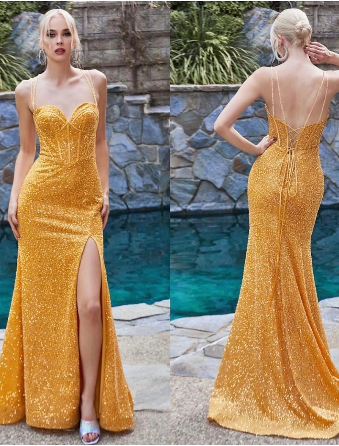 Mermaid / Trumpet Evening Gown Elegant Dress Formal Prom Sweep / Brush Train Sleeveless Spaghetti Strap Sequined with Glitter Slit