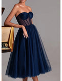 A-Line Cocktail Dresses Party Dress Cocktail Party Prom Tea Length Sleeveless Sweetheart Fall Wedding Guest Tulle with Pleats