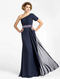 Sheath / Column Mother of the Bride Dress Sparkle & Shine One Shoulder Floor Length Chiffon Short Sleeve with Beading Draping Side Draping